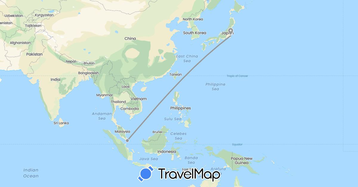 TravelMap itinerary: driving, plane in Japan, Singapore (Asia)